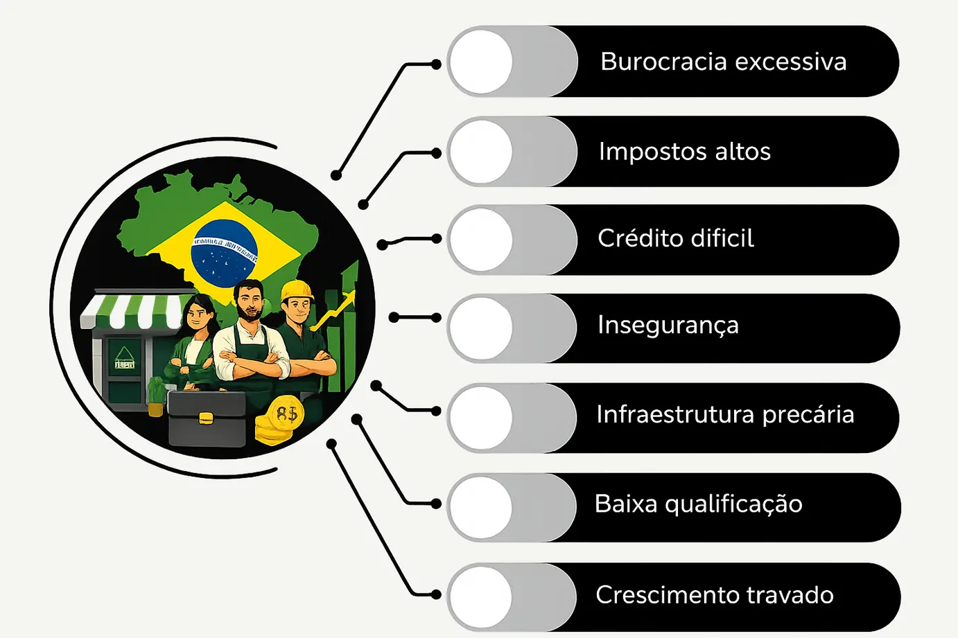 Quem trabalha, empreende, produz ou quer crescer enfrenta praticamente os mesmos desafios: burocracia excessiva, impostos altos, crédito difícil, insegurança, infraestrutura precária, baixa qualificação e crescimento travado.